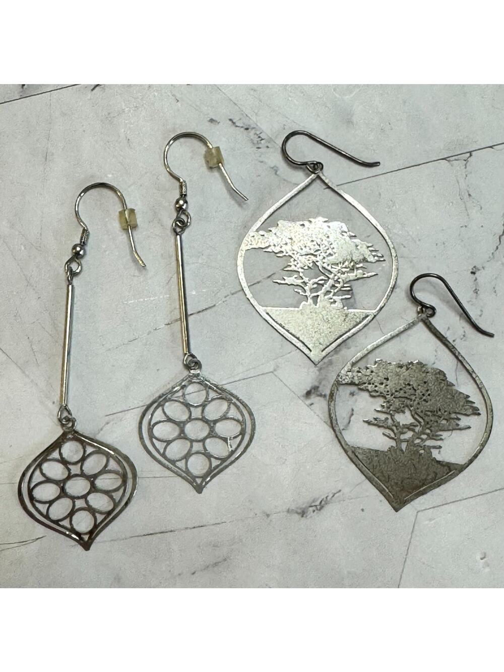 Vintage 2 Pair Open Work Dangle Earrings Ken Kantro Signed 1987 Laser Cut Tree